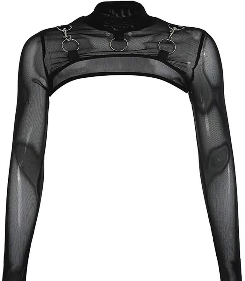 Women's T-Shirt Mock Neck Long Sleeve Slim Fit Sheer Mesh Crop Shirt Top Punk Style See Through Shrug Fishnet Cover Ups with Metal Rivet Black