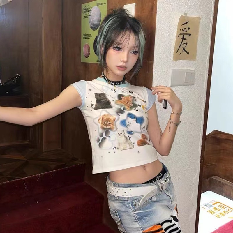 Women s T Shirt Karrram Y2k Aesthetics Tops Japanese Harajuku T shirt 2000s Kawaii Cat Print Short Sleeve Tee Shirts Fairycore Patchwork Tshirt 230106