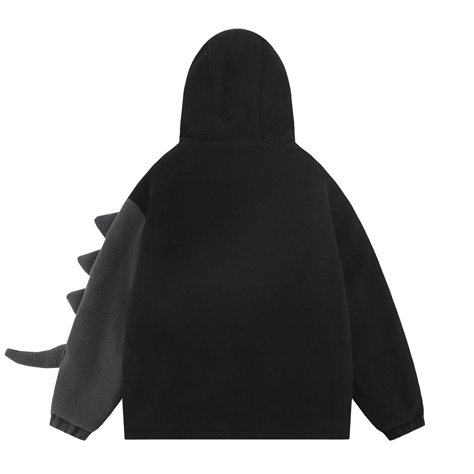 Men s Down Parkas Hooded Fleece Lambswool Jacket Men Vintage Dinosaur Patchwork Streetwear Winter Coats Warm Thicken Unisex 230106