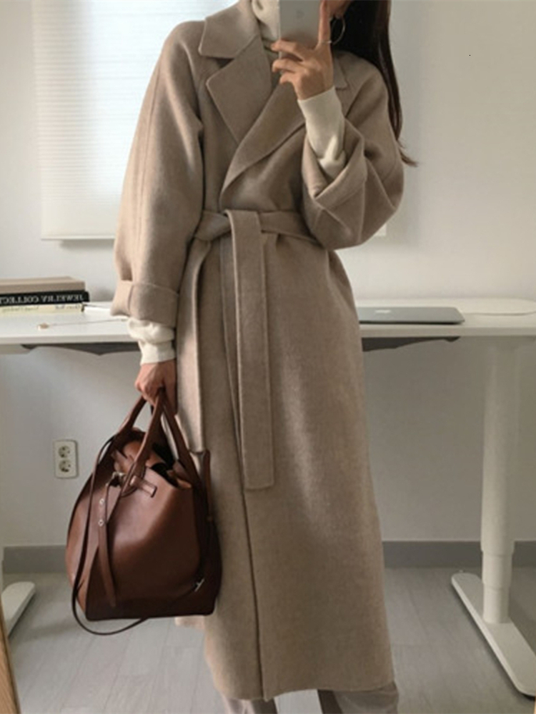 Women's Wool Blends Autumn Winter Casual en Blend Trench Coat Oversize Long With Belt Women Cashmere Outerwear 230106
