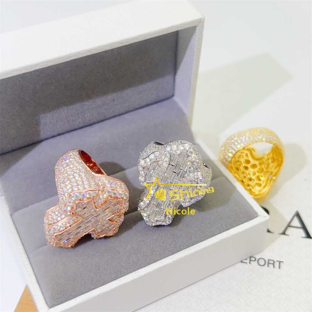 New Arrival Luxury 925 Sterling Silver Iced Out Gold Plated Cross Ring Hip Hop Diamond Moissanite Men Ring