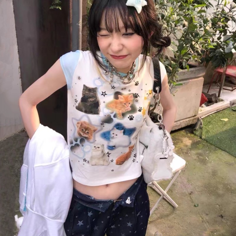 Women s T Shirt Karrram Y2k Aesthetics Tops Japanese Harajuku T shirt 2000s Kawaii Cat Print Short Sleeve Tee Shirts Fairycore Patchwork Tshirt 230106