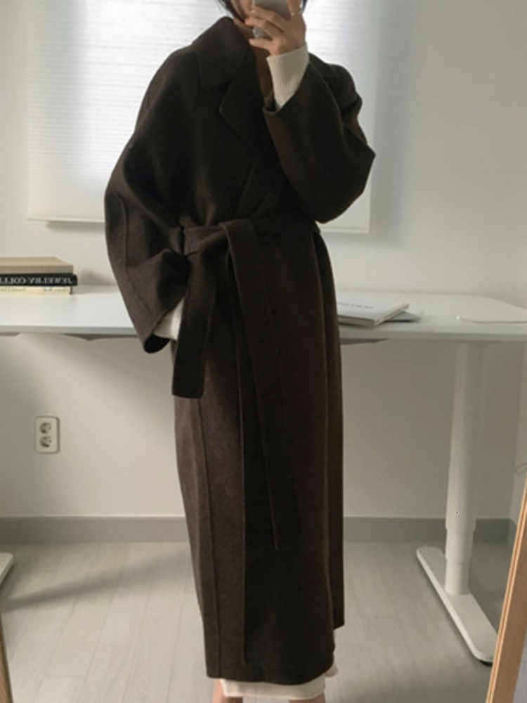 Women's Wool Blends Autumn Winter Casual en Blend Trench Coat Oversize Long With Belt Women Cashmere Outerwear 230106