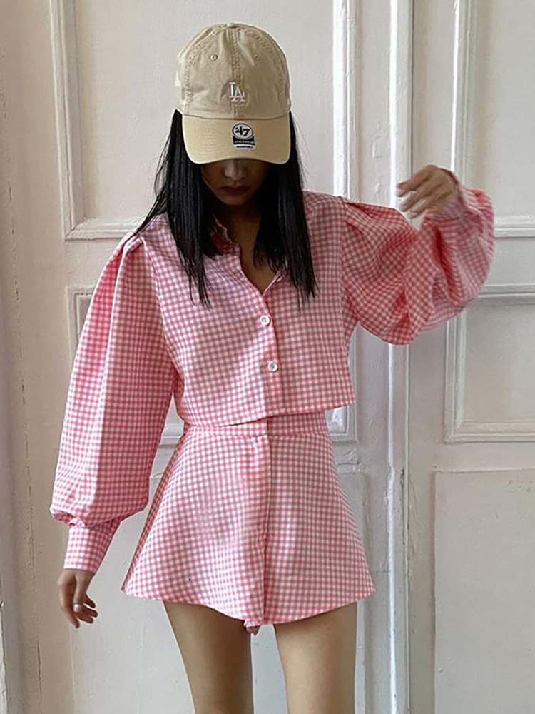 Women s Two Piece Pants Taruxy OL Outfit s Set Plaid Long Sleeve Shirts High Wasit Wide Legs Shorts Elegant Korte Suits 2 230106