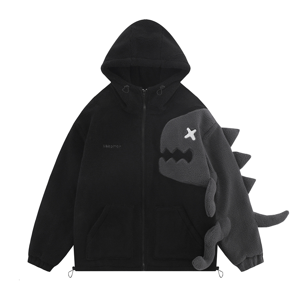 Men s Down Parkas Hooded Fleece Lambswool Jacket Men Vintage Dinosaur Patchwork Streetwear Winter Coats Warm Thicken Unisex 230106