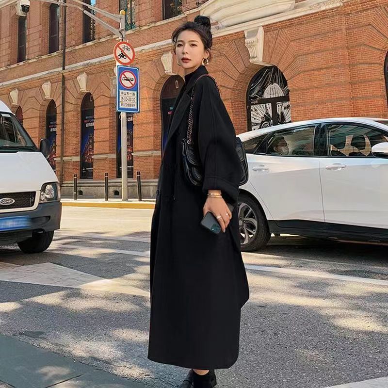 Women's Wool Blends Winter Autumn Christmas Red Black Loose Long Coat Jacket Belt en Overcoat Korean Women Split Hem Cardigan Outerwear 230107