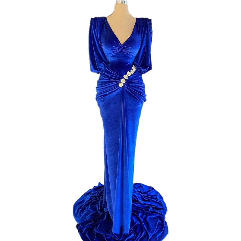 Elegant Royal Blue Vlevet Formal Evening Dresses Half Sleeves V-Neck Mermaid Long Prom Party Gowns Pleats Beads African Arabic Special Occasion Wear
