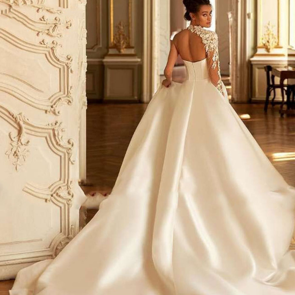 Charming Ivory One Shoulder A Line Wedding Dresses Long Sleeve High Neck Lace Applique Long Satin Bridal Gowns Open Back Sexy Vestido De Novia