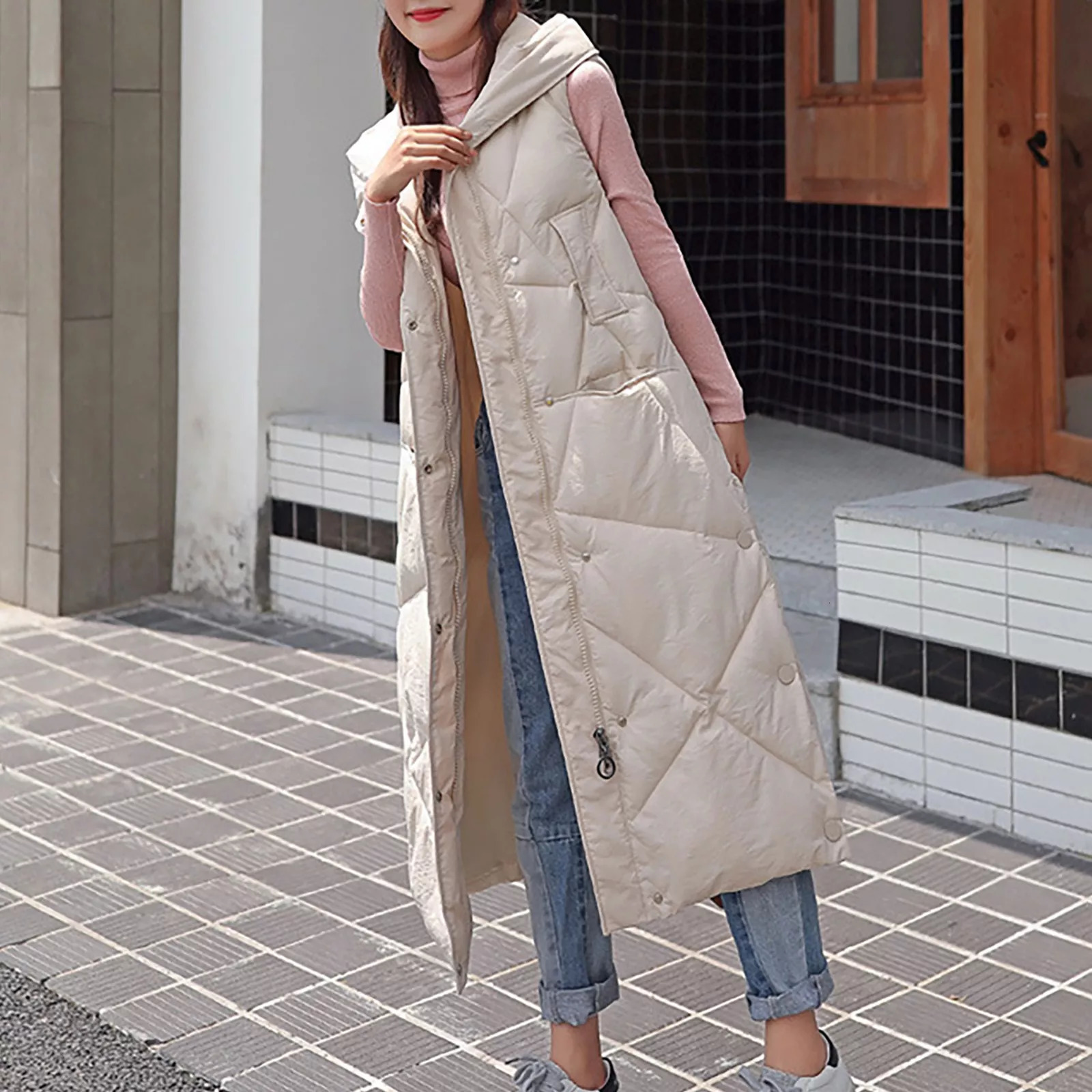 Women's Down Parkas IN Womens Cotton Padded Jacket With Hood Pure Color Vest Coat For Lady Autumn Winter Tops Waistcoat Clothing Veste 230107