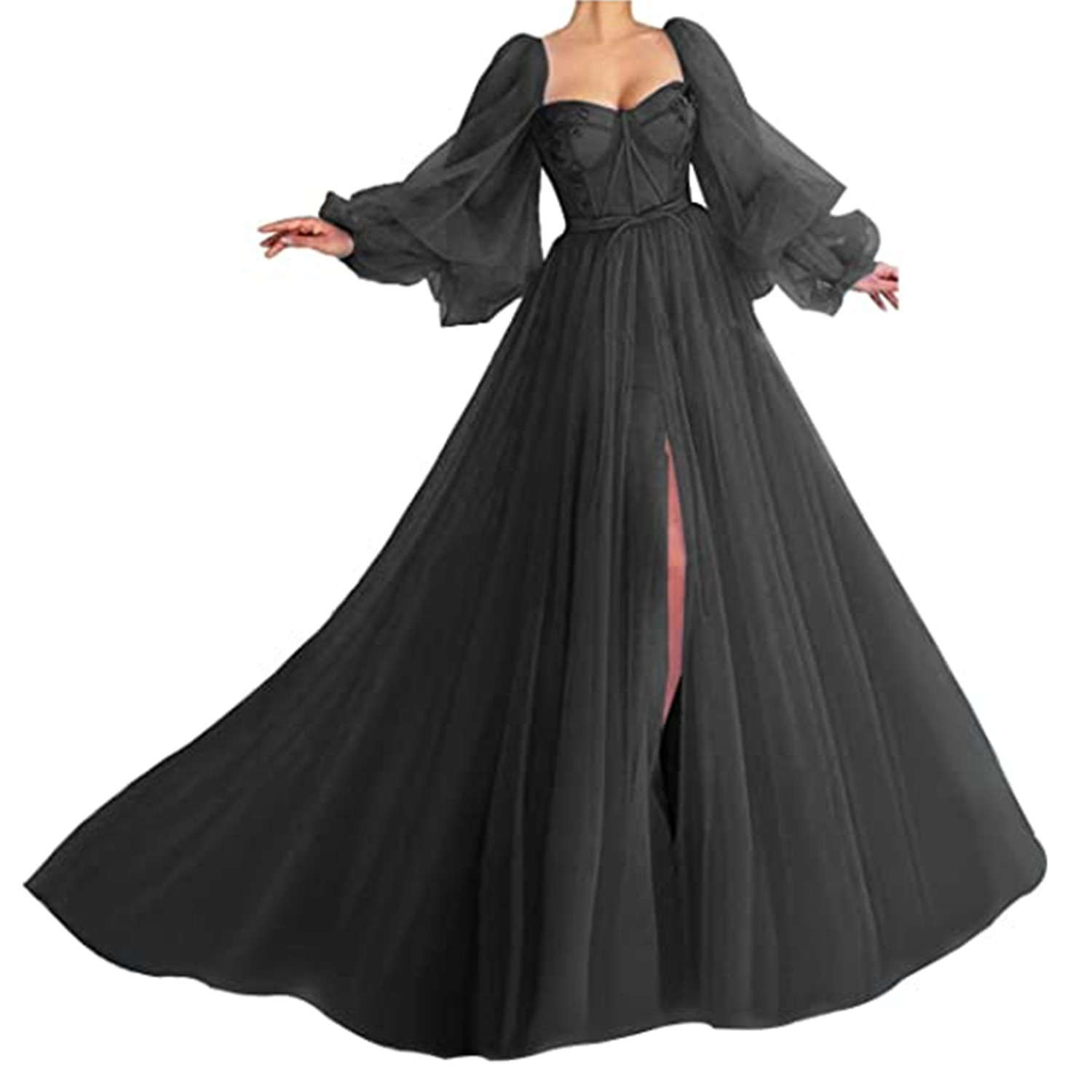 Puffy Sleeves Tulle Prom Dresses Chic V Neck Sexy Backless Evening DressFishtail Beach Bridesmaid Holiday Ball Gown Split Prom Gowns