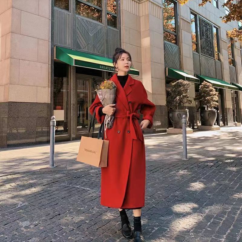 Women's Wool Blends Winter Autumn Christmas Red Black Loose Long Coat Jacket Belt en Overcoat Korean Women Split Hem Cardigan Outerwear 230107