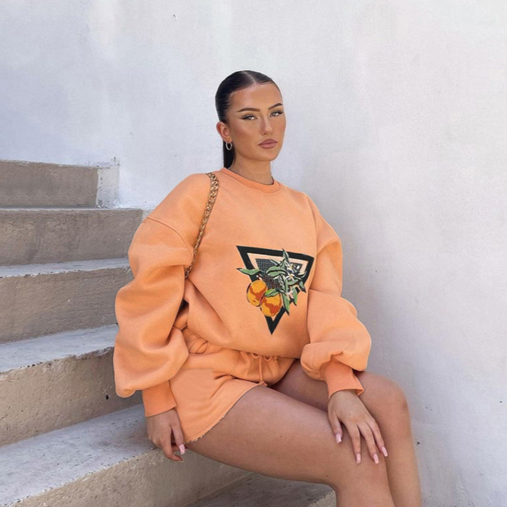 Women s Two Piece Pant s Tracksuits 2 Set Summmer Autumn printing loose casual Sweatshirt Sporting Shorts Sweat Outfit Solid Color Sets 230106