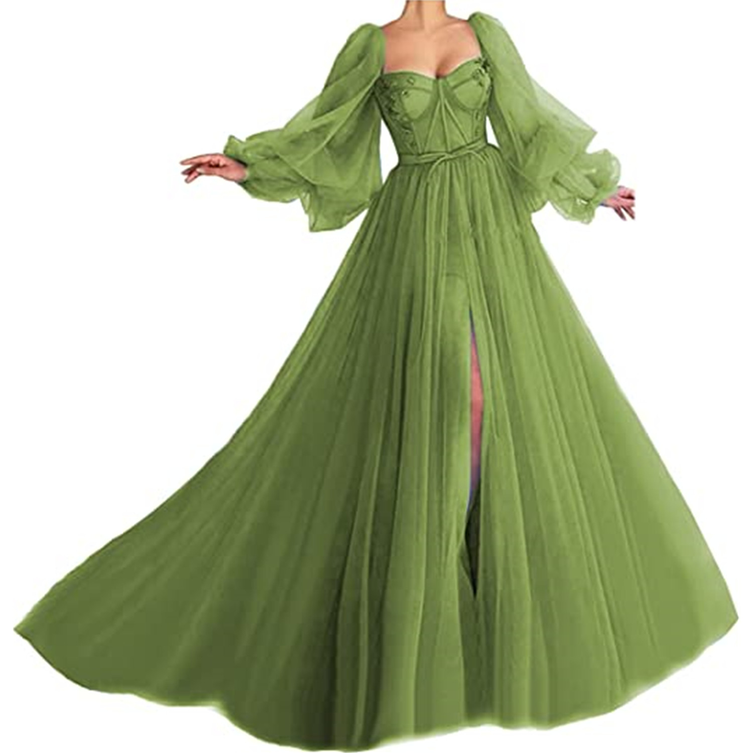 Puffy Sleeves Tulle Prom Dresses Chic V Neck Sexy Backless Evening DressFishtail Beach Bridesmaid Holiday Ball Gown Split Prom Gowns