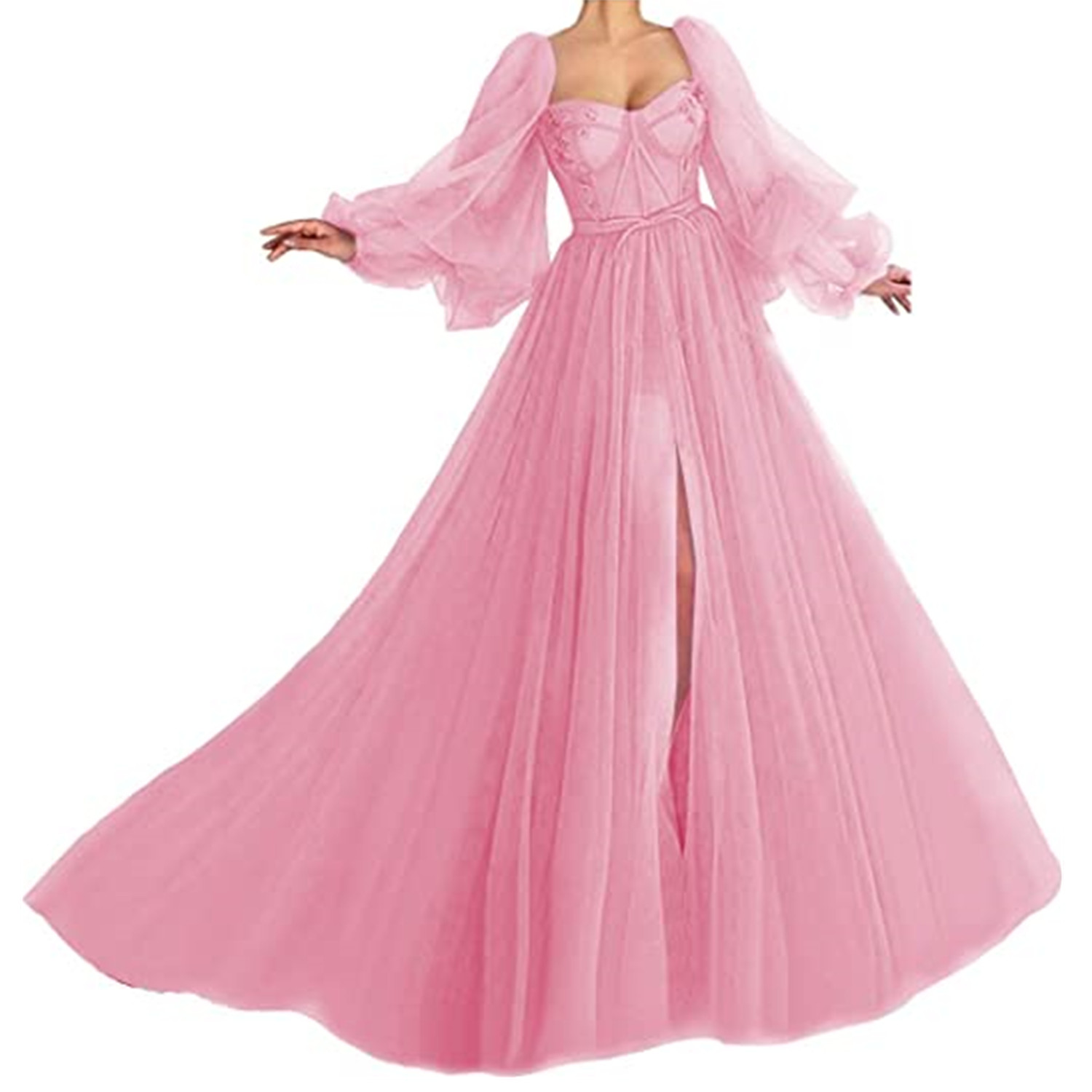 Puffy Sleeves Tulle Prom Dresses Chic V Neck Sexy Backless Evening DressFishtail Beach Bridesmaid Holiday Ball Gown Split Prom Gowns