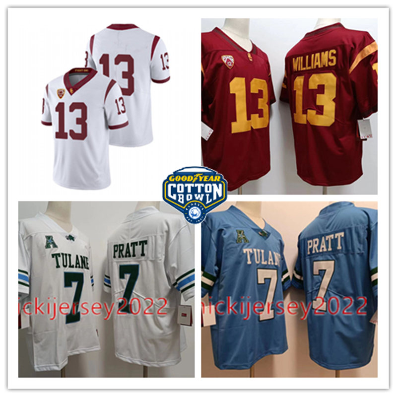 #13 Caleb Williams USC Trojan Football Jersey Stitched 2023 Goodyear Cotton Bowl Game Michael Pratt Tulane Green Wave Jerseys