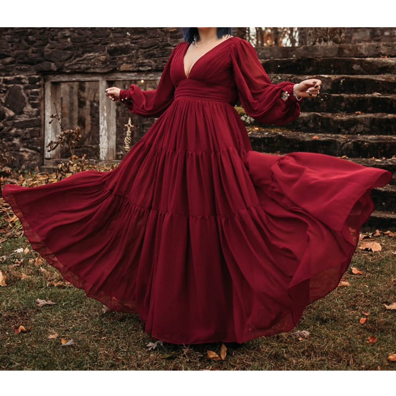 Puffy Sleeves Chiffon Prom Dresses Chic V Neck Sexy Backless Evening Dresses Party Gowns Fishtail Beach Bridesmaid Holiday Ball Gown