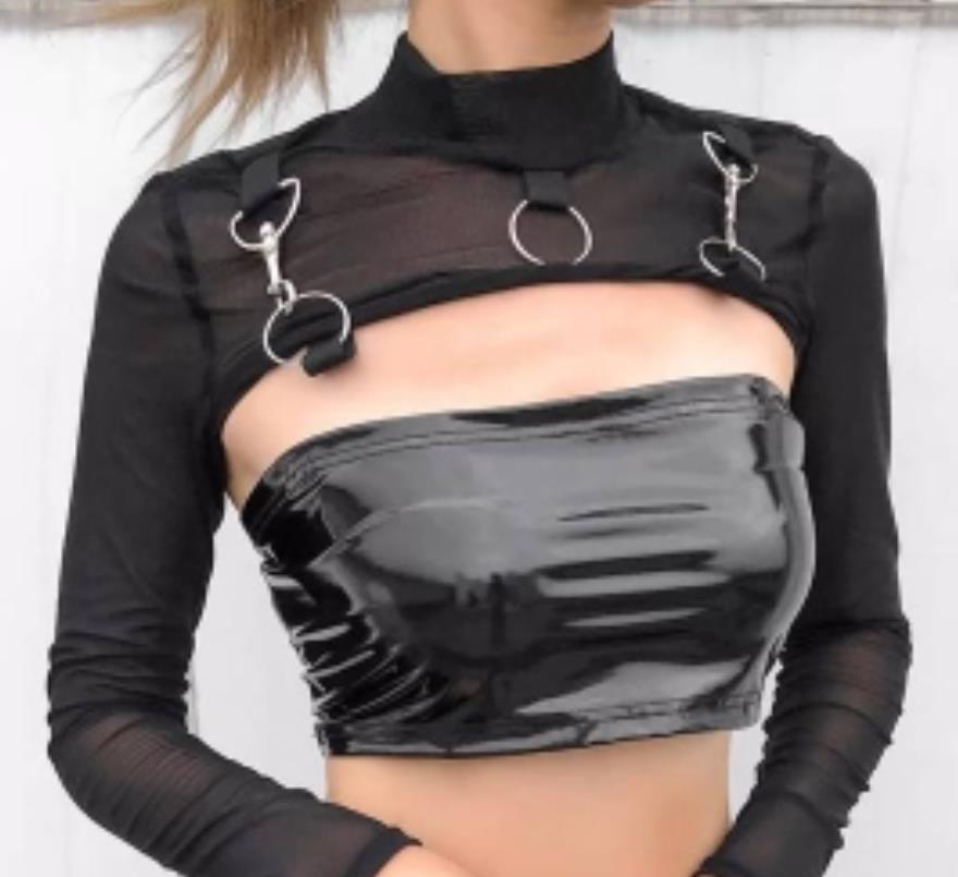Women's T-Shirt Mock Neck Long Sleeve Slim Fit Sheer Mesh Crop Shirt Top Punk Style See Through Shrug Fishnet Cover Ups with Metal Rivet Black