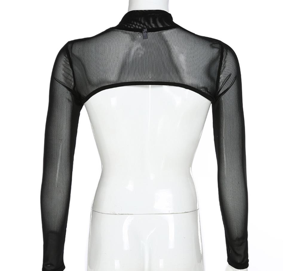 Women's T-Shirt Mock Neck Long Sleeve Slim Fit Sheer Mesh Crop Shirt Top Punk Style See Through Shrug Fishnet Cover Ups with Metal Rivet Black