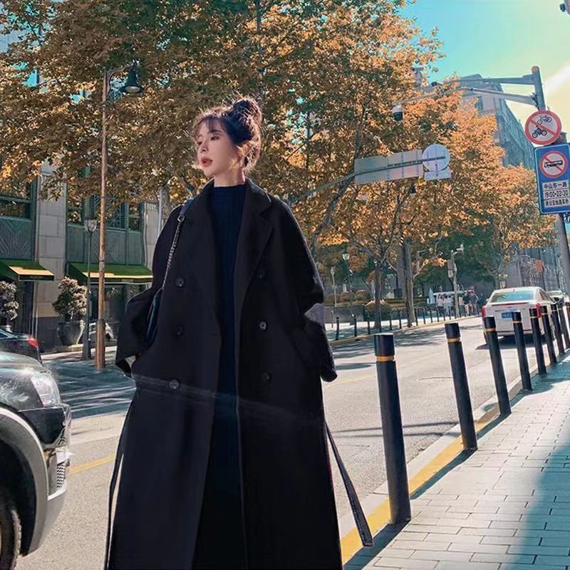 Women's Wool Blends Winter Autumn Christmas Red Black Loose Long Coat Jacket Belt en Overcoat Korean Women Split Hem Cardigan Outerwear 230107