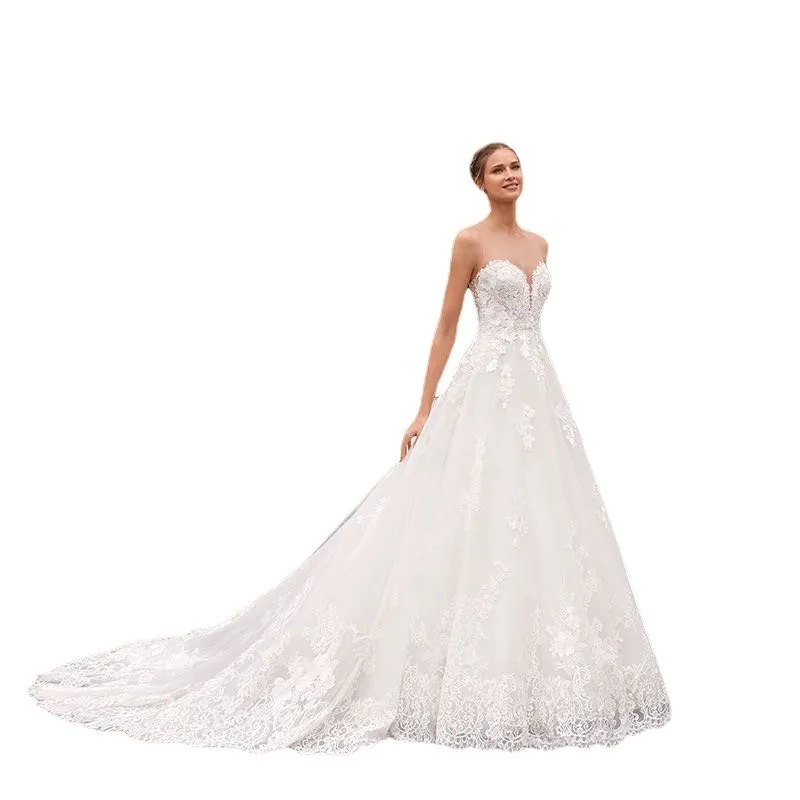 Elegant A-Line Wedding Dresses Sleeveless Lace Applique Long Chapel Church Bridal Gowns Sheer Sweetheart Neck Charming Bride Vestido De Novia Ivory wh