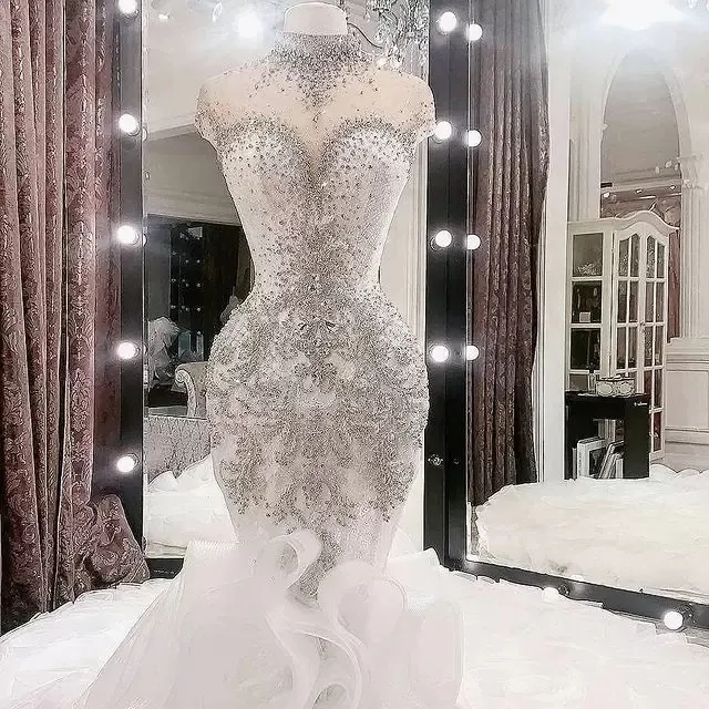 Plus Size Arabic Beaded Crystals Mermaid Wedding Dresses Aso Ebi Luxurious 2023 High Neck Bridal Cascading Ruffles Skirts Chapel Train Bridal Party We