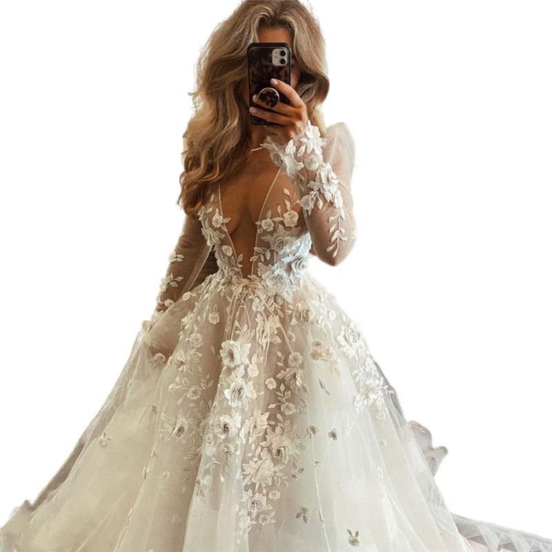 Sexy Illusion A Line Wedding Dresses Floral Lace Applique Long Sleeves Boho Beach Bridal Gowns Deep V-Neck Ivory Tulle Bride Dress Vestido De Novia