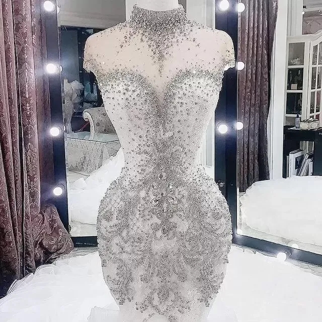 Plus Size Arabic Beaded Crystals Mermaid Wedding Dresses Aso Ebi Luxurious 2023 High Neck Bridal Cascading Ruffles Skirts Chapel Train Bridal Party We