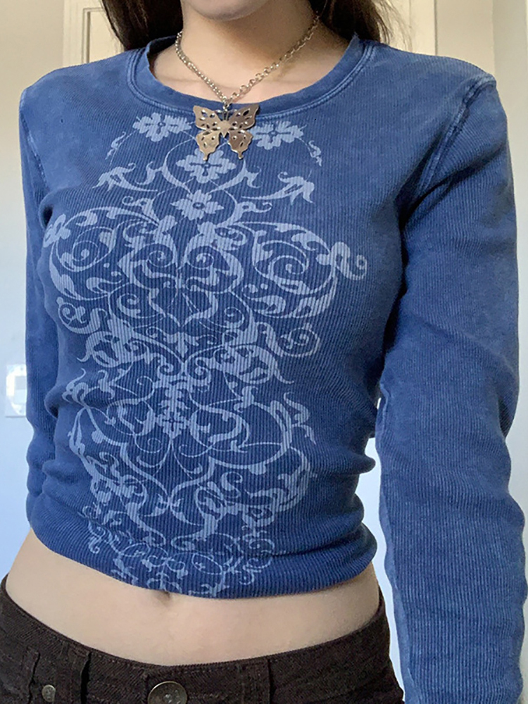 Women s T Shirt Goth Dark Casual Gothic Vintage Printing Women T shirts Grunge E girl Long Sleeve Punk Cropped Tops Bodycon Ribbed Autumn Tees 230106