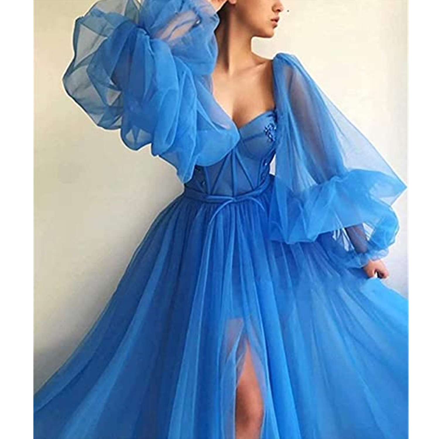 Puffy Sleeves Tulle Prom Dresses Chic V Neck Sexy Backless Evening DressFishtail Beach Bridesmaid Holiday Ball Gown Split Prom Gowns