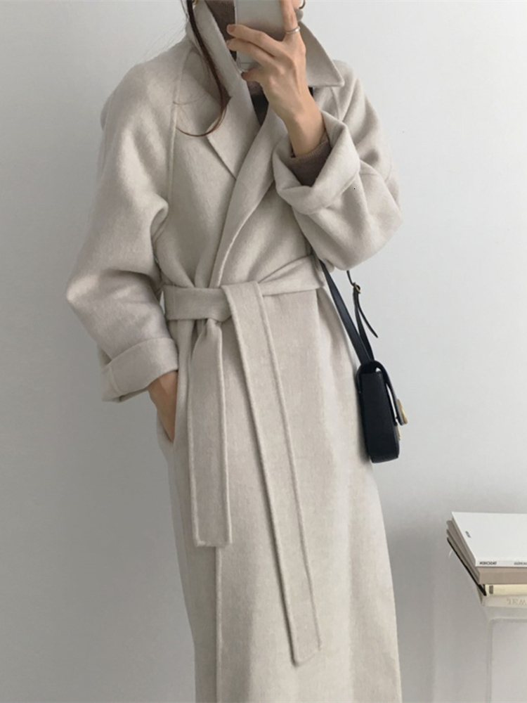 Women's Wool Blends Autumn Winter Casual en Blend Trench Coat Oversize Long With Belt Women Cashmere Outerwear 230106