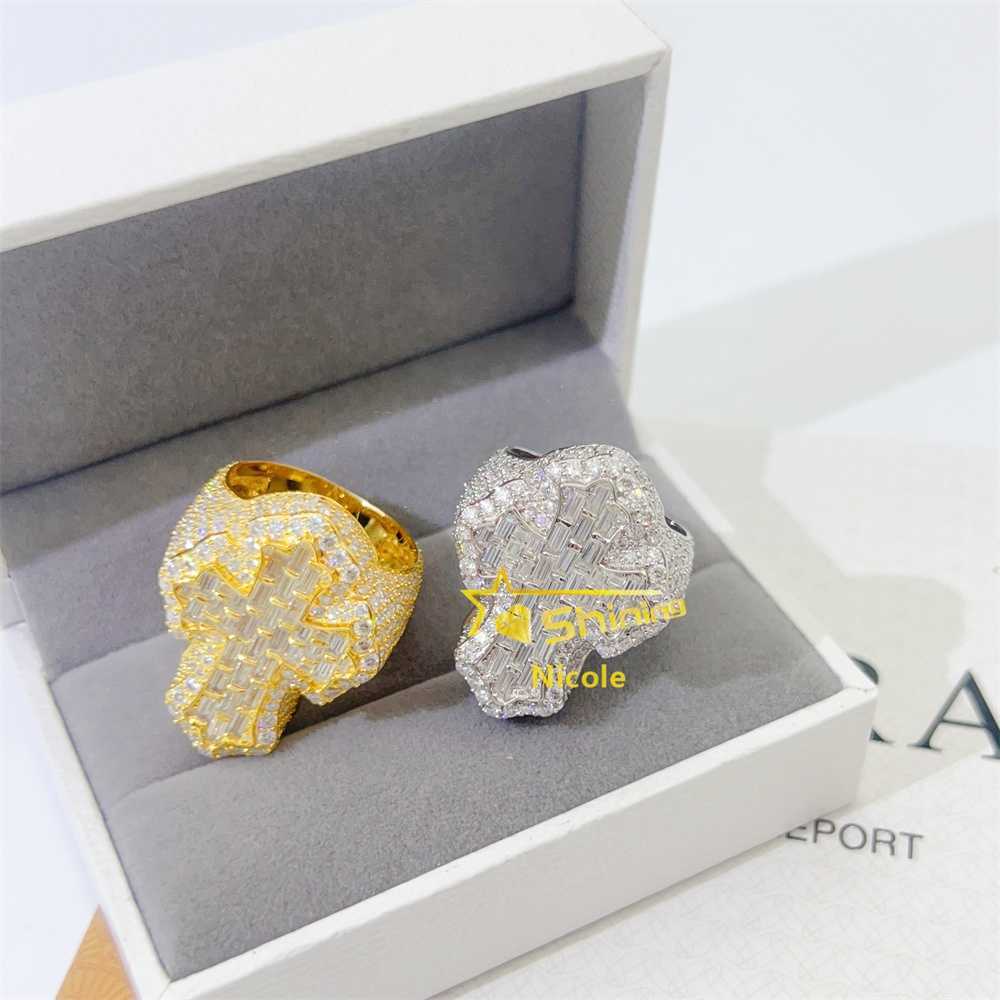 New Arrival Luxury 925 Sterling Silver Iced Out Gold Plated Cross Ring Hip Hop Diamond Moissanite Men Ring
