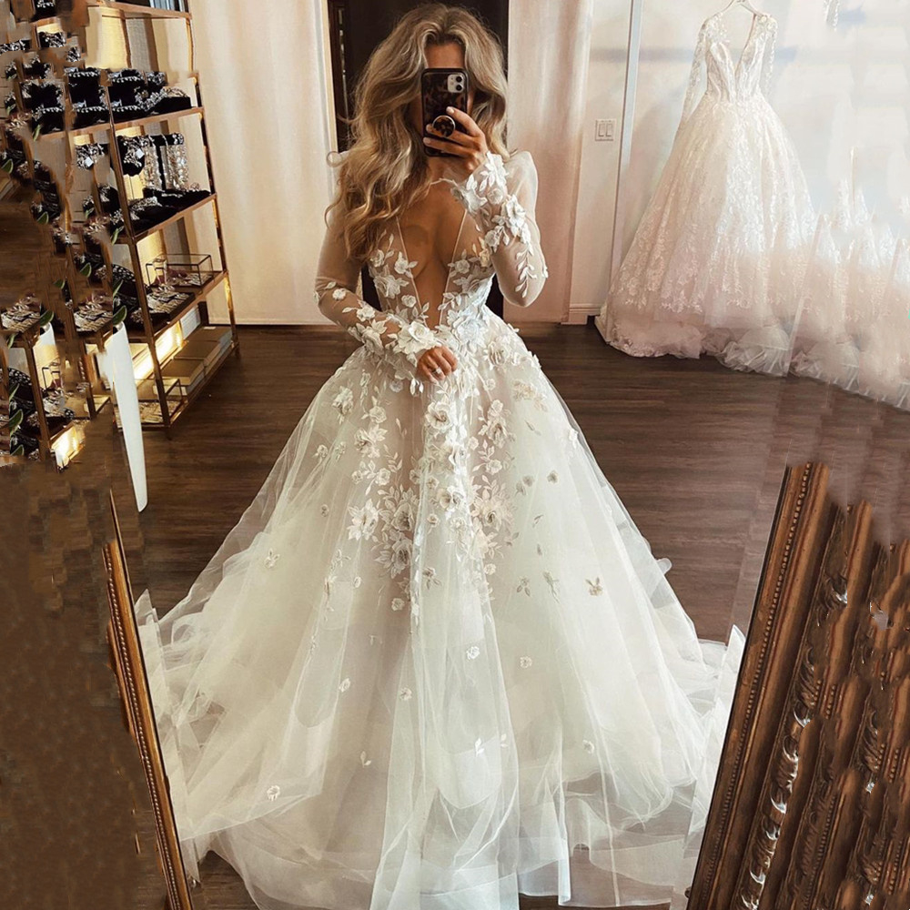 Sexy Illusion A Line Wedding Dresses Floral Lace Applique Long Sleeves Boho Beach Bridal Gowns Deep V-Neck Ivory Tulle Bride Dress Vestido De Novia
