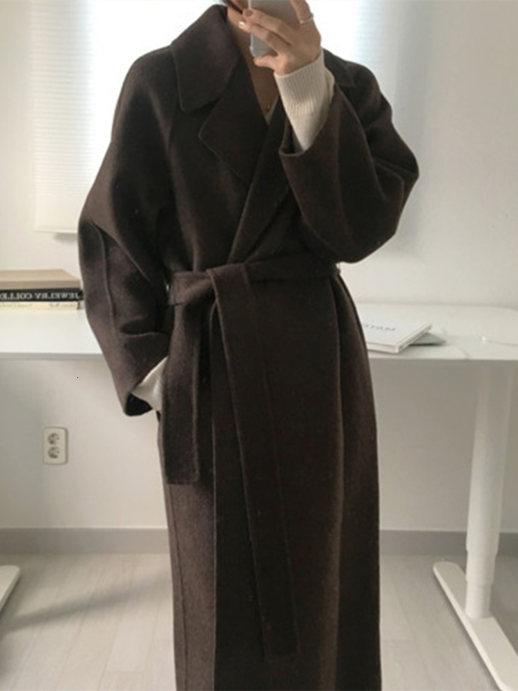 Women's Wool Blends Autumn Winter Casual en Blend Trench Coat Oversize Long With Belt Women Cashmere Outerwear 230106