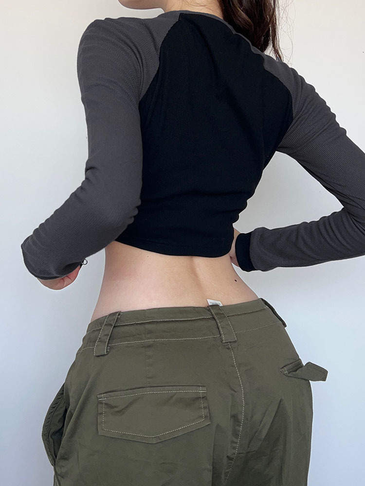 Women s T Shirt Weekeep Punk Style Stitched Crop Top Zip Up Skinny Long Sleeve T shirt Streetwear Casual Slim Fit Tee Basic Lady Clothing 230106