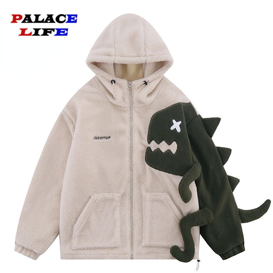 Men s Down Parkas Hooded Fleece Lambswool Jacket Men Vintage Dinosaur Patchwork Streetwear Winter Coats Warm Thicken Unisex 230106