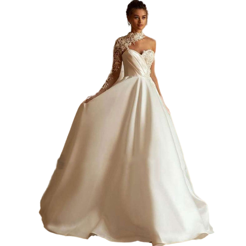 Charming Ivory One Shoulder A Line Wedding Dresses Long Sleeve High Neck Lace Applique Long Satin Bridal Gowns Open Back Sexy Vestido De Novia