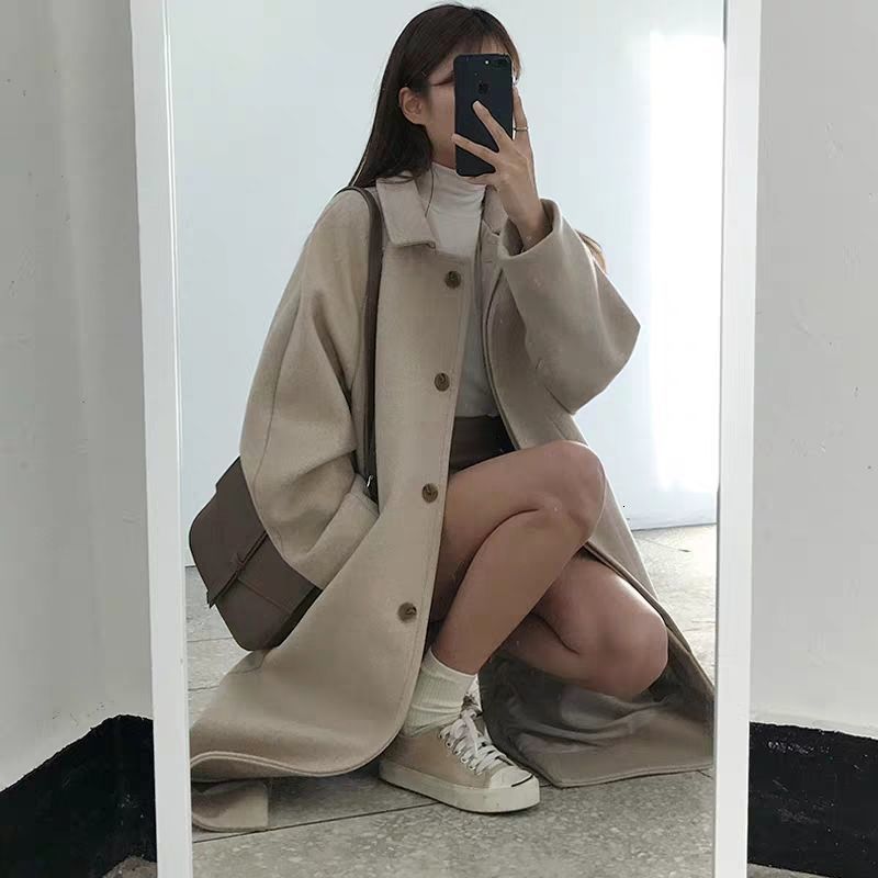 Women's Thick Winter Wool Blend Long Coat - Casual Apricot Korean Style O-Neck Pockets Mid-Length Warm Parka B1
