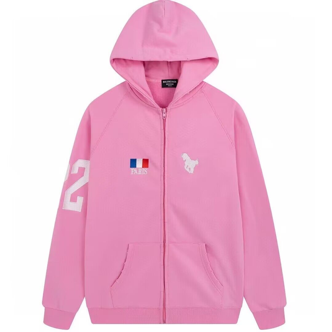 2025 France Flag Luxury Zip Hoodies Men Women Super Oversized Horse Embroidery Destroyed Hooded Sweatshirts Men Pink Color