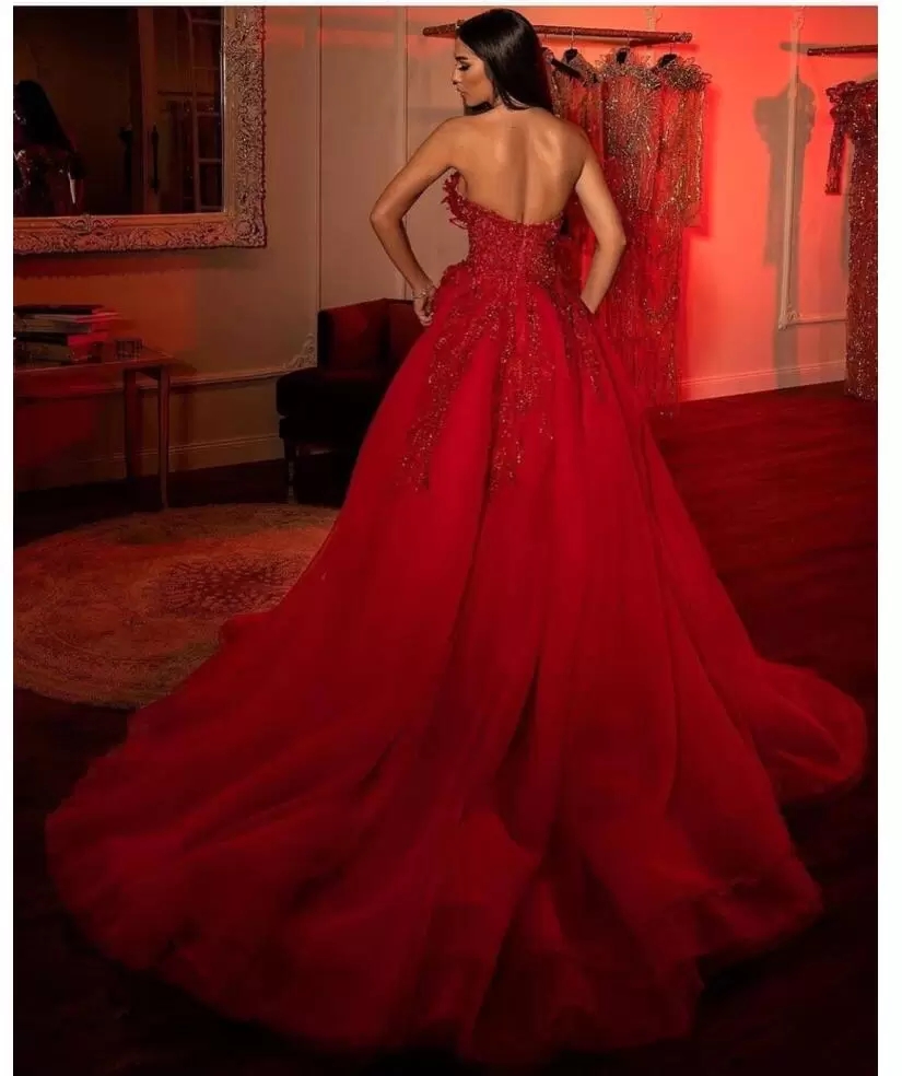 Arabic Aso Ebi Red Prom Dresses Lace Stylish Luxurious Beaded Crystals Sexy Evening Formal Party Second Reception Gowns Dress Custom Made