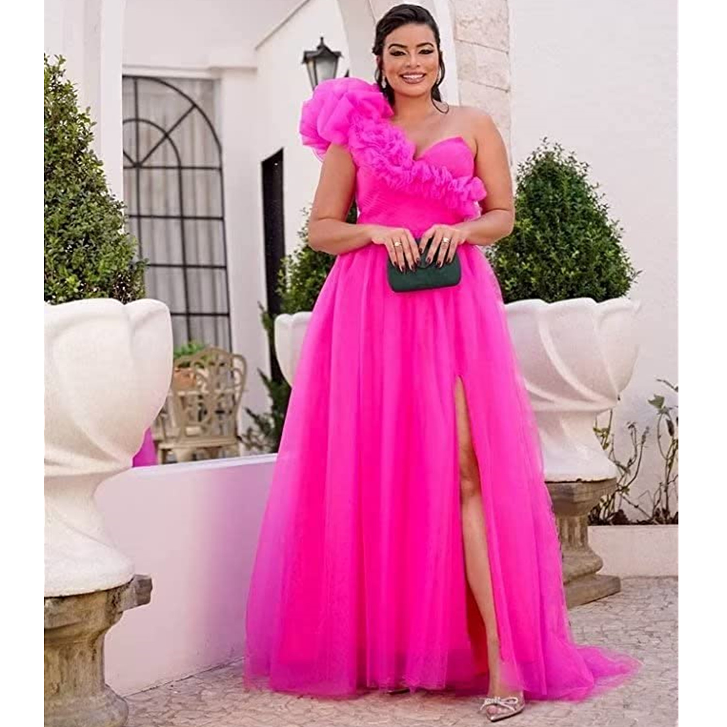 One Shoulder Tulle Prom Dresses Robe De Soiree Ball Gown with Split Puffy Princess A Line Evening Gowns Vestidos