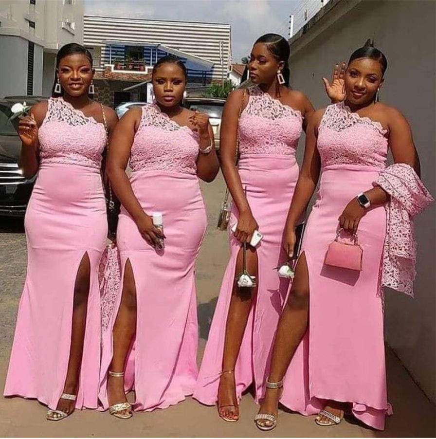 Pink Mermaid Bridesmaid Dresses One Shoulder Side Slit Lace Floor Length Ruched Sleeveless Satin Custom Made Plus Size Maid Of Honor Gowns