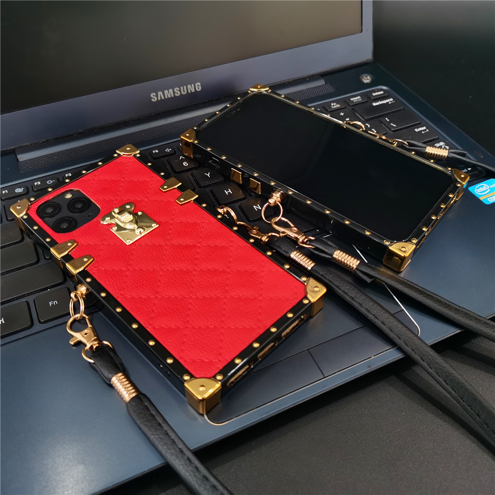 Luxury Lambskin Square Box Cases Soft TPU Trunk Metal Decoration Corner With Crossbody Lanyard For iPhone 17 Air 16 15 14 13 12 11 Pro XR XS Max X 8 7
