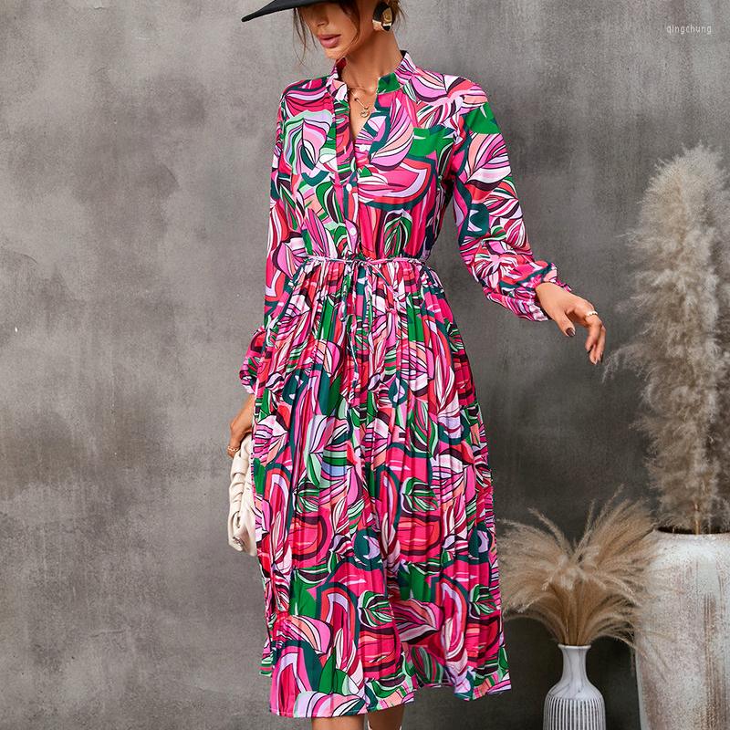 Casual Dresses QINJOYER Women Maxi Long Sleeve Ladies V- Neck A Line Elegant Leave Print Dress Spring Autumn Beach Robe