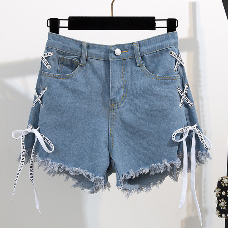 Women s Two Piece Pants High Street Fashion Lace Up Tshirt With Bandage Denim Short Pieces Set Women Casual Tee Distressed Edge Jean Outfits 230106