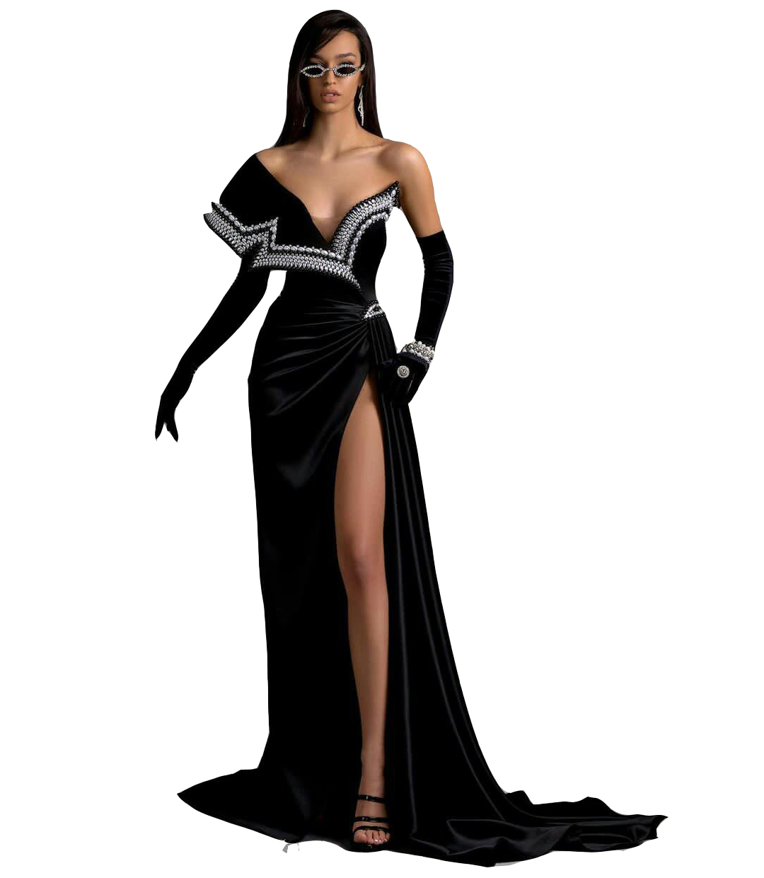 2023 Black Long Mermaid Prom Dresses Velvet Off Shoulder Plus Size Pearls Crystal Beads High Side Split Formal Party Gowns Evening Dress Vestios