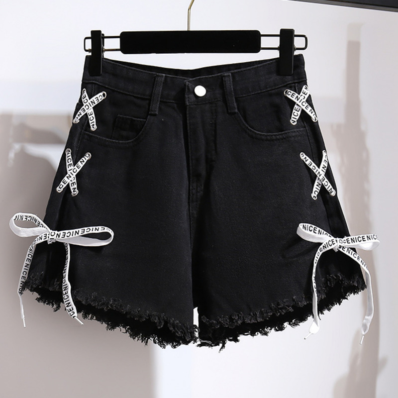 Women s Two Piece Pants High Street Fashion Lace Up Tshirt With Bandage Denim Short Pieces Set Women Casual Tee Distressed Edge Jean Outfits 230106