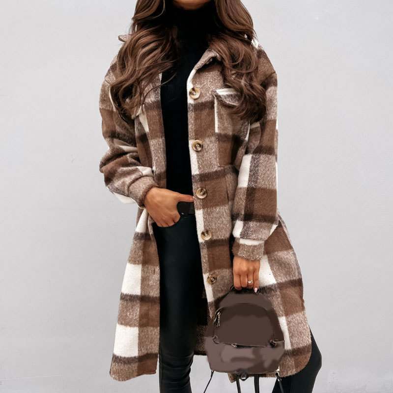 Women's Wool Blends Fashion Winter Coat for Women Plaid Woolen Long Jacket Female Breasted Checkered Plus Outwear 230107