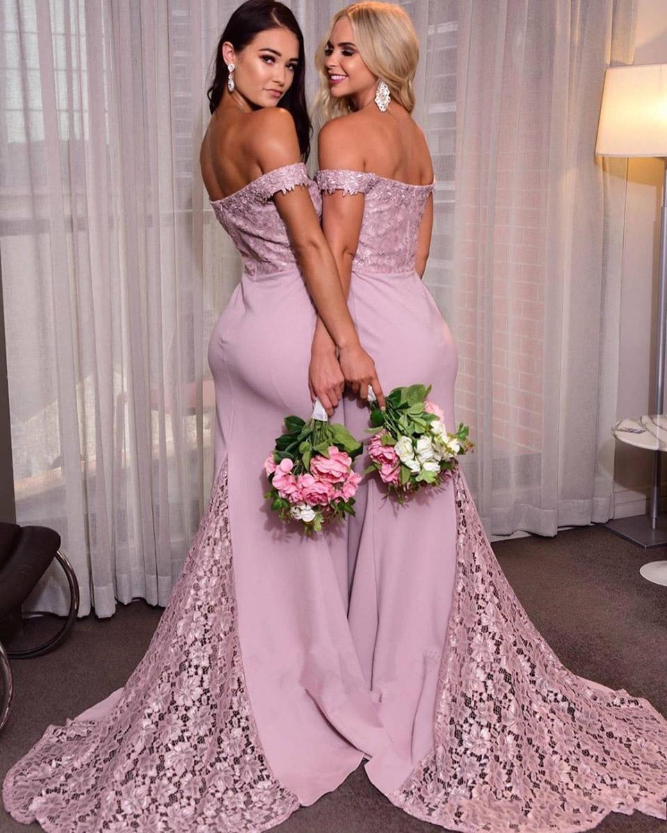 Lilac 2023 Light Mermaid Bridesmaid Dresses Off The Shoulder Lace Applique Sweep Train Beach Plus Size Wedding Guest Gowns Custom Made Formal Evening 