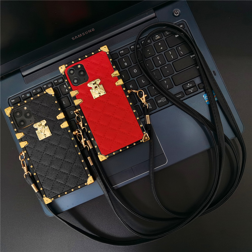 Luxury Lambskin Square Box Cases Soft TPU Trunk Metal Decoration Corner With Crossbody Lanyard For iPhone 17 Air 16 15 14 13 12 11 Pro XR XS Max X 8 7