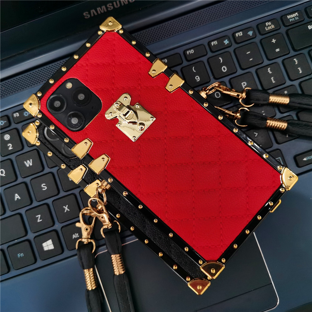 Luxury Lambskin Square Box Cases Soft TPU Trunk Metal Decoration Corner With Crossbody Lanyard For iPhone 17 Air 16 15 14 13 12 11 Pro XR XS Max X 8 7